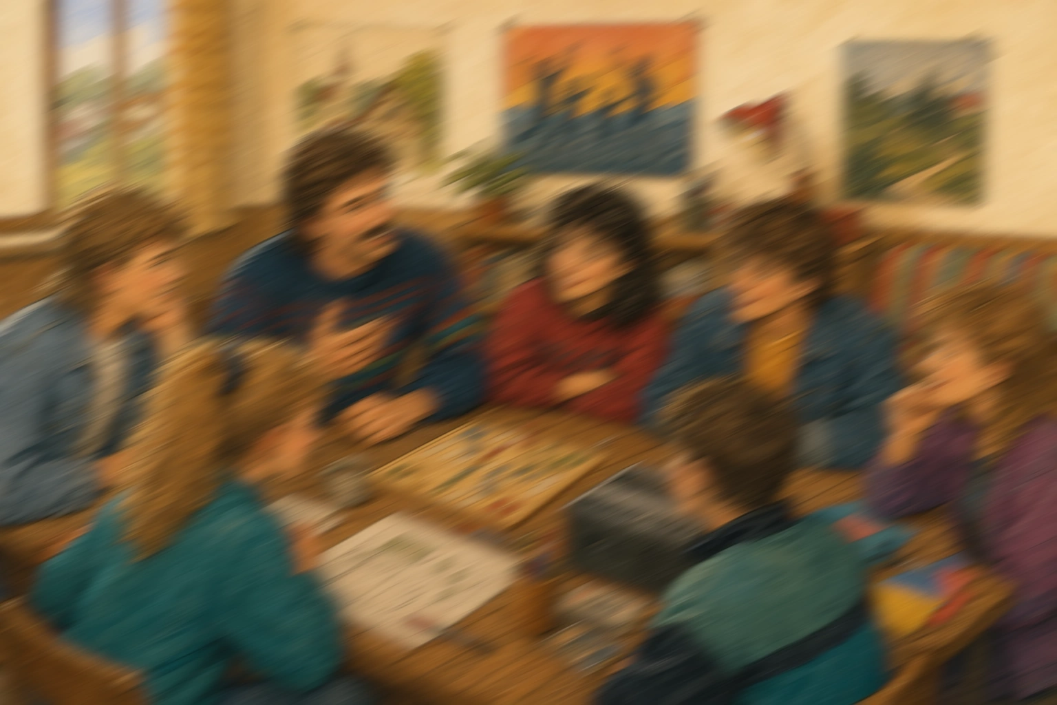 Illustration einer Jugendgruppe bei gemeinsamen Aktivitäten im Jahr 1986