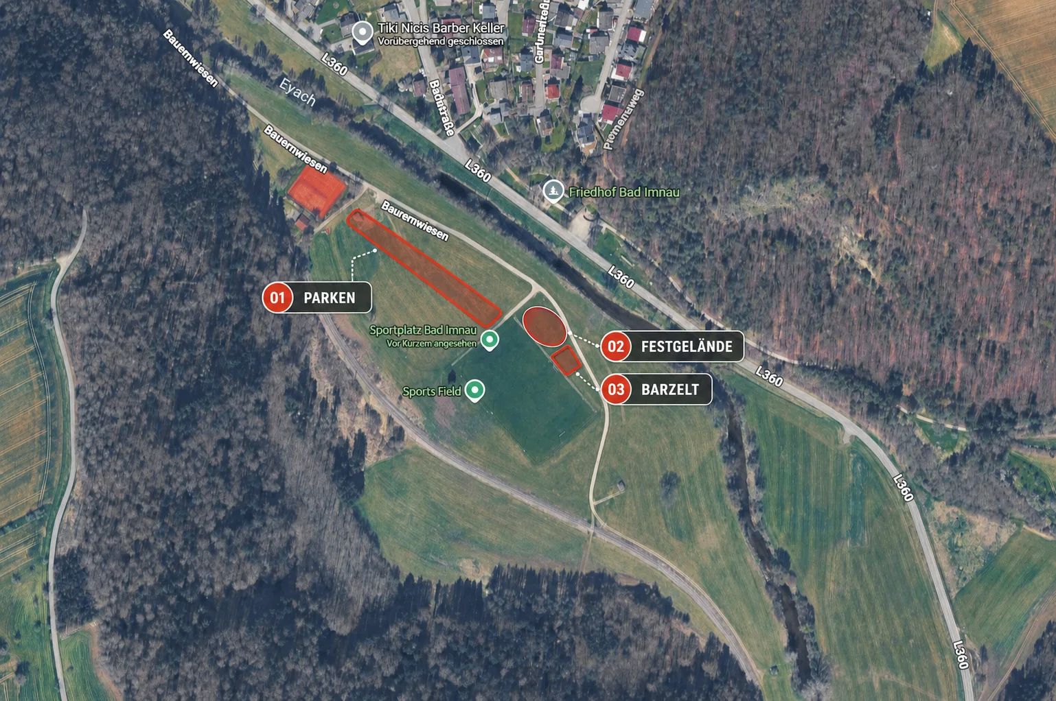 Luftbild des Sportplatzes Bad Imnau mit markiertem Festgelände, Barzelt und Parkplatz